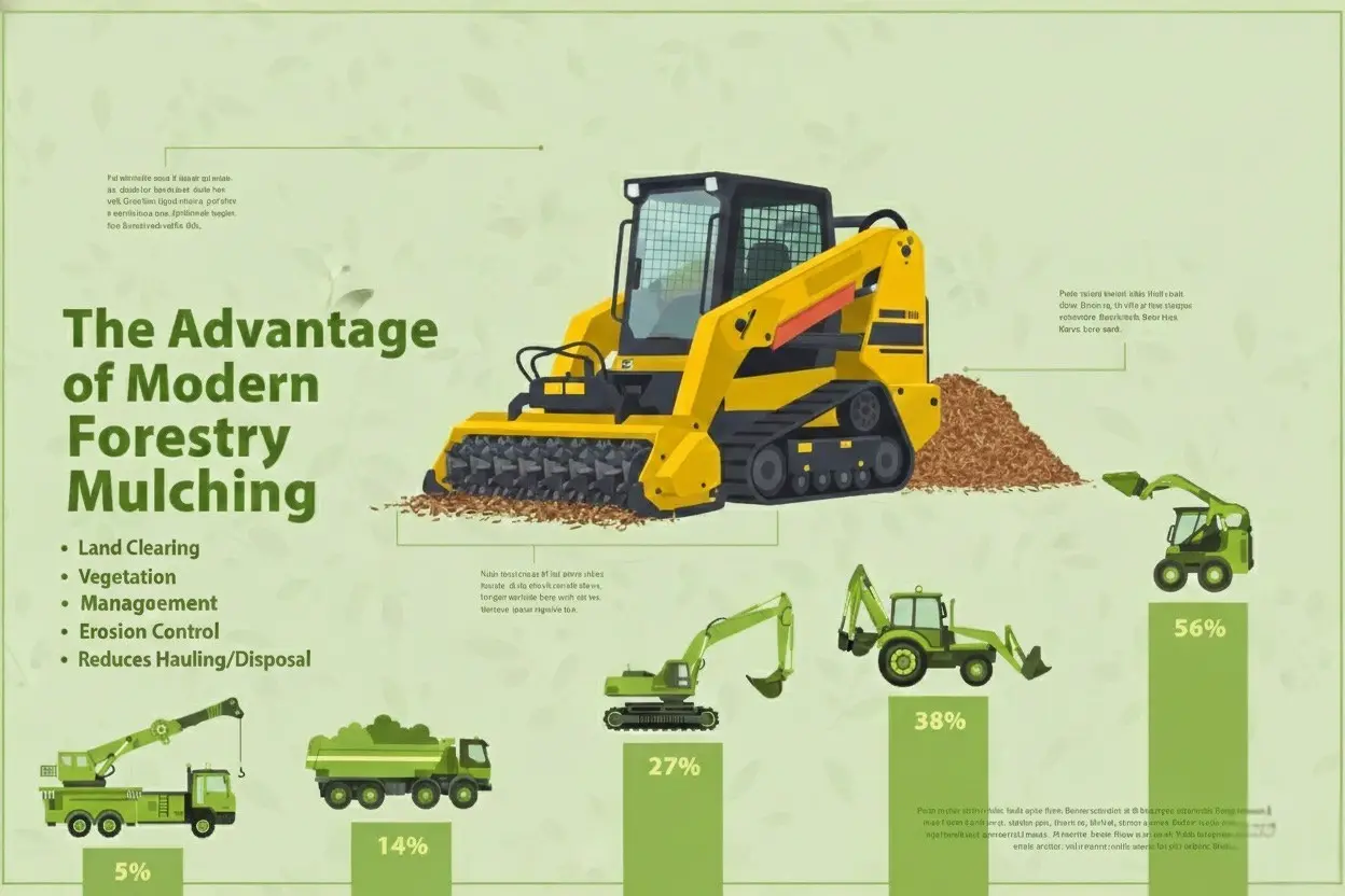 Infographic explaining the advantages of modern forestry mulching for land clearing, including erosion control, vegetation management, and efficiency compared to traditional methods
